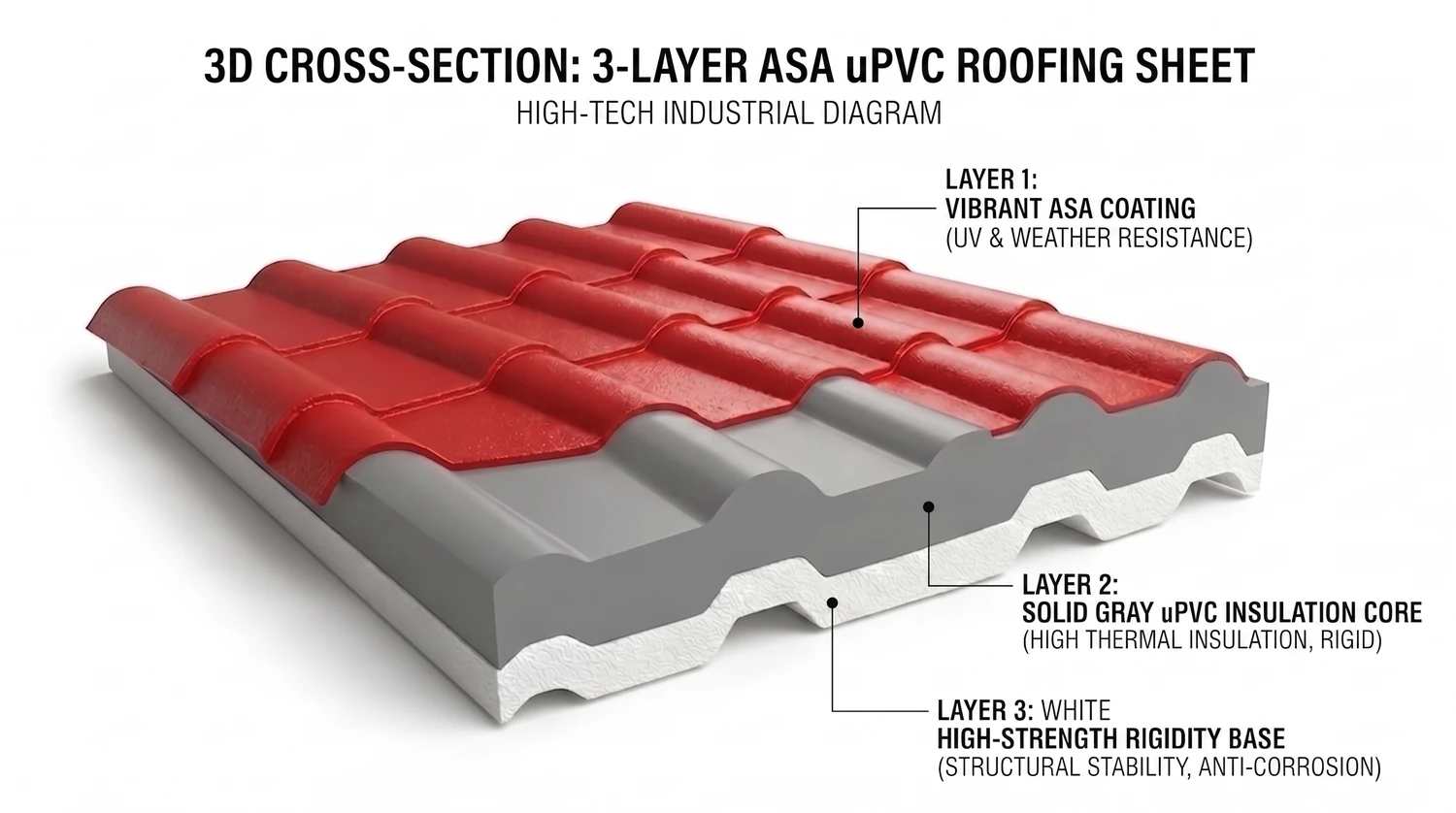 3-Layer ASA uPVC Roofing Sheet — Cross-section Diagram